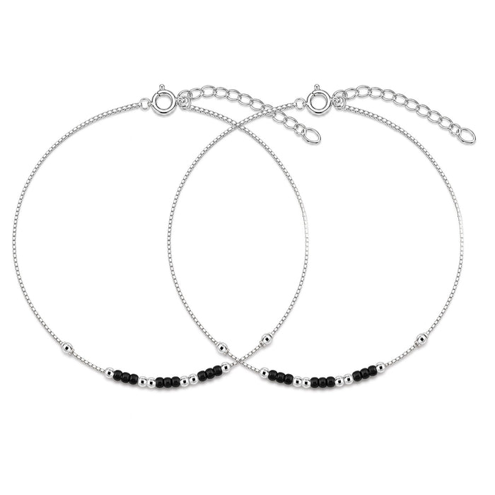 Triple Beaded Rhodium Plated 925 Sterling Silver Anklet