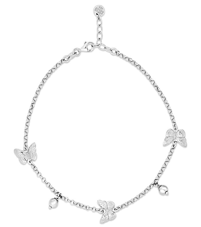 Triple Butterfly Rhodium Plated 925 Sterling Silver Anklet