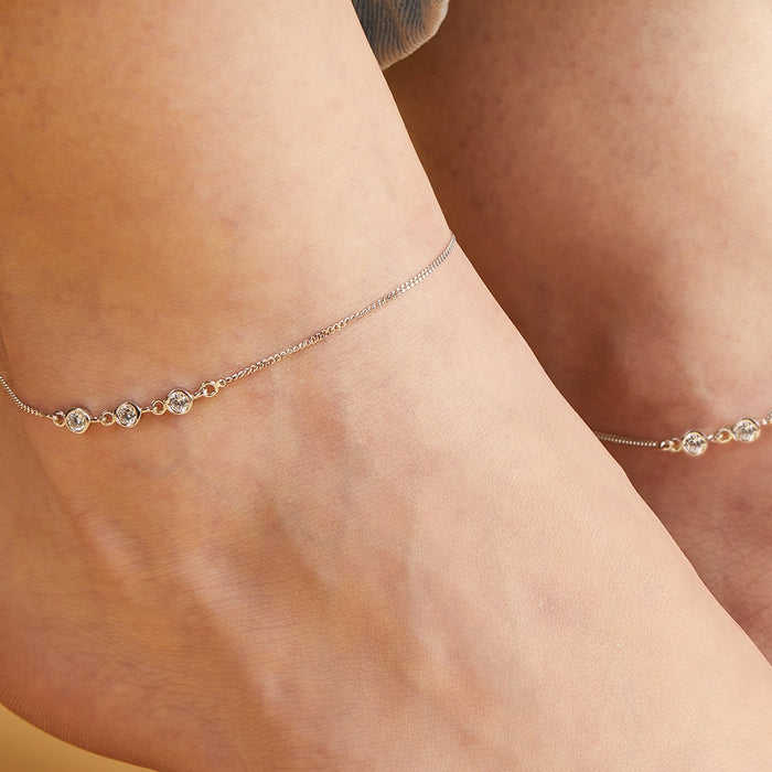 Triple CZ Rhodium Plated 925 Silver Chain Anklets (Adjustable)