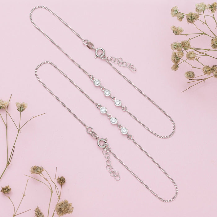 Triple CZ Rhodium Plated 925 Silver Chain Anklets (Adjustable)