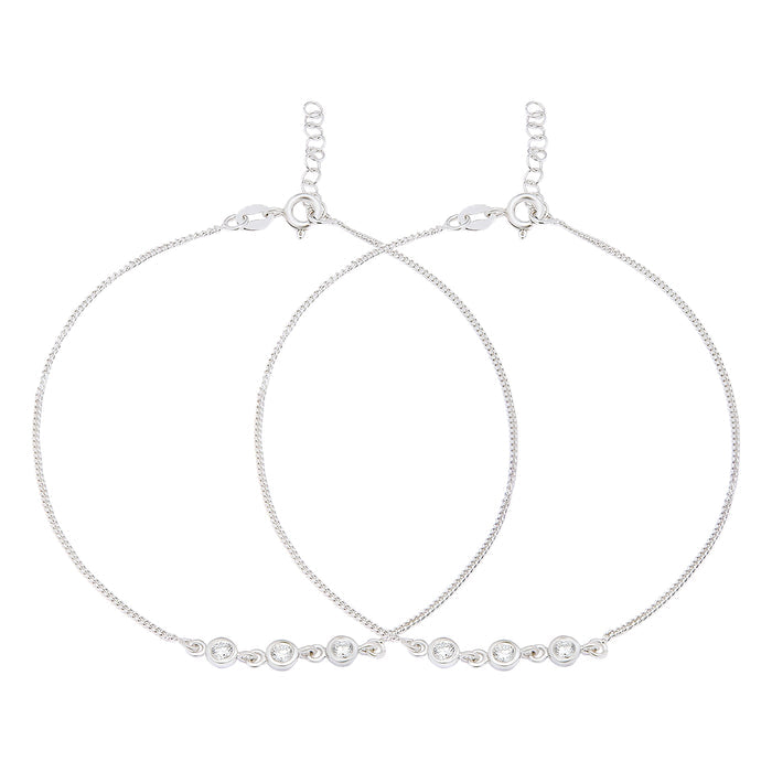 Triple CZ Rhodium Plated 925 Silver Chain Anklets (Adjustable)