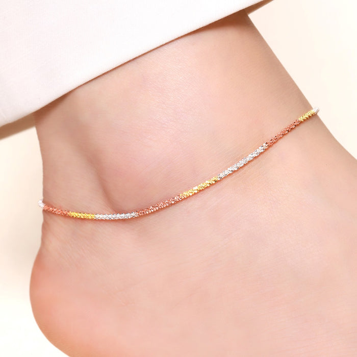 Triple tone weave chain 925 Sterling Silver anklet on a woman's ankle. Fine women's jewellery – Zavya