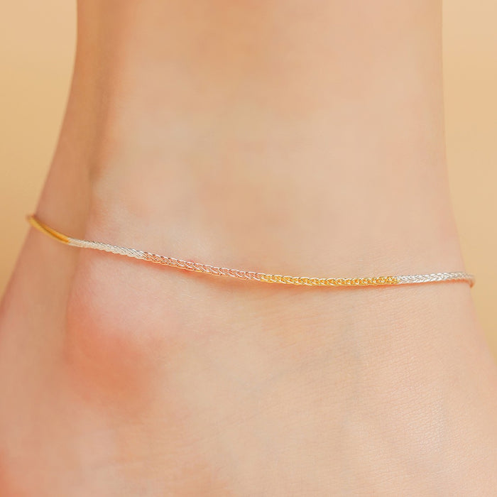 Triple Tone Weave Chain 925 Sterling Silver Anklet