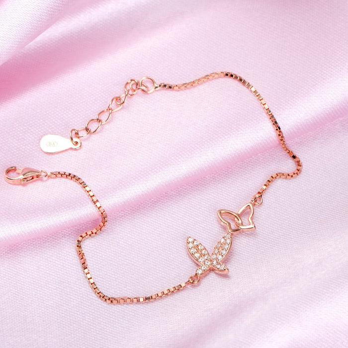 Twin Butterfly CZ Rose Gold Plated 925 Silver Bracelet (Adjustable)