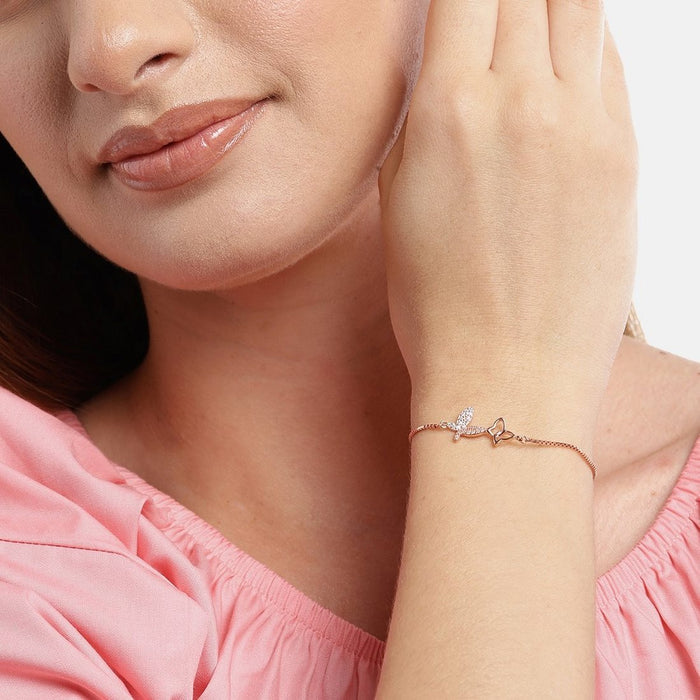 Twin Butterfly CZ Rose Gold Plated 925 Silver Bracelet (Adjustable)