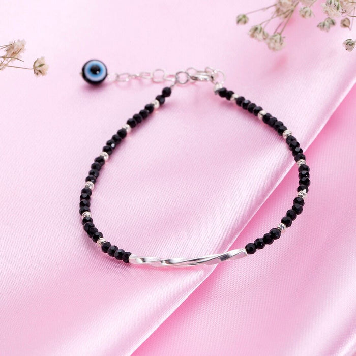 Twisted Evil Eye Rhodium Plated 925 Silver Beads Bracelet