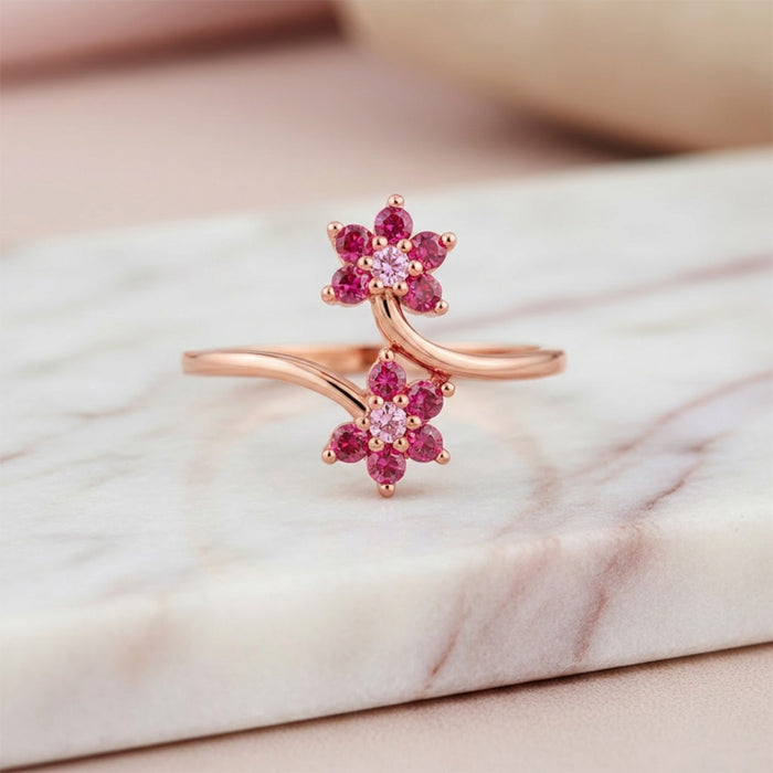 Two Souls in Bloom Rose Gold Plated Ring 925 Silver Women ring (Adjustable)