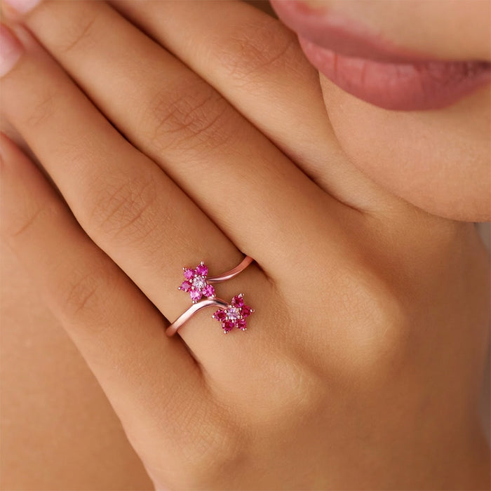 Two Souls in Bloom Rose Gold Plated Ring 925 Silver Women ring (Adjustable)