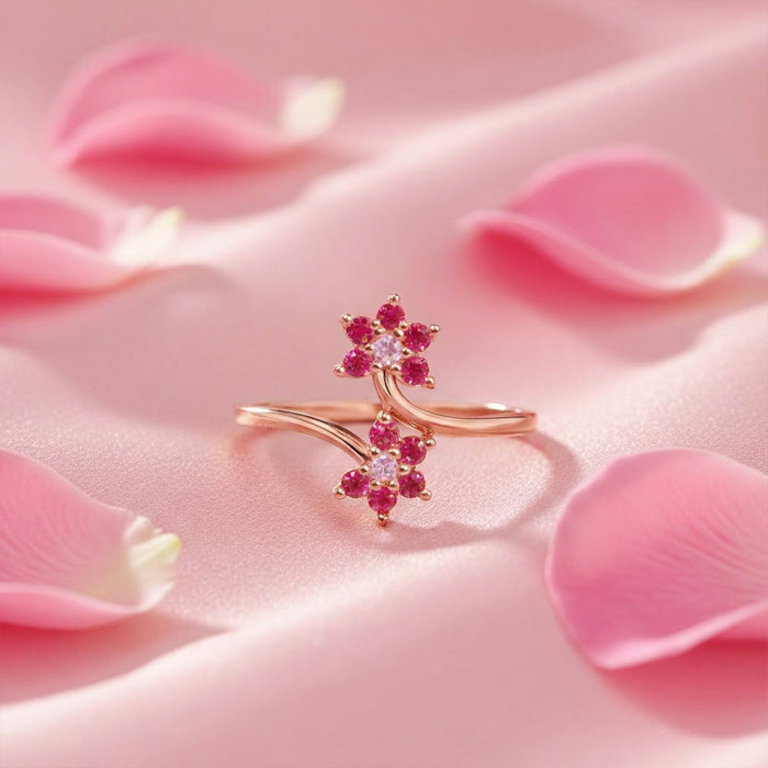 Two Souls in Bloom Rose Gold Plated Ring 925 Silver Women ring (Adjustable)