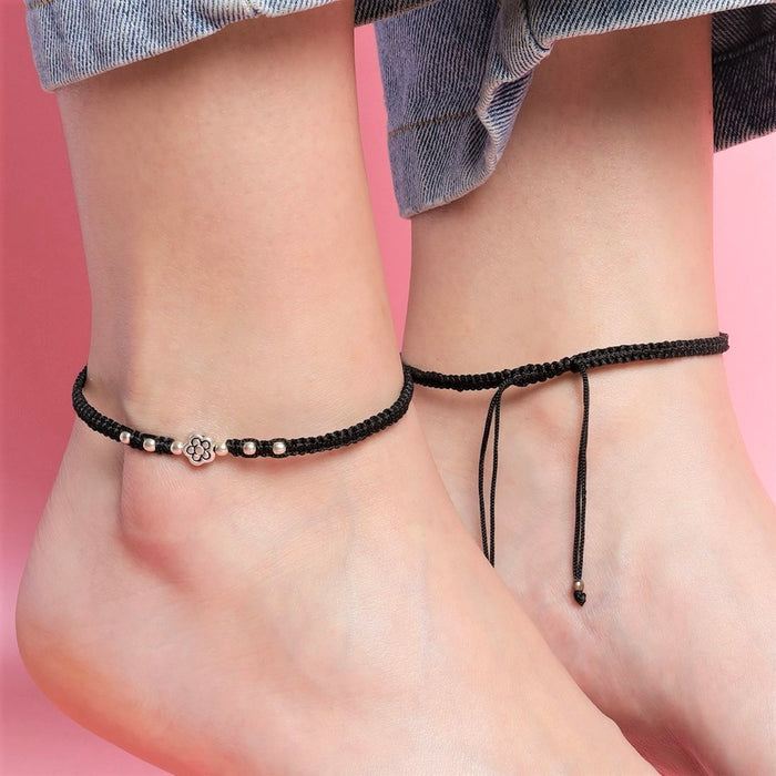 Unifloral Beads Rhodium Plated 925 Silver Black Thread Anklet
