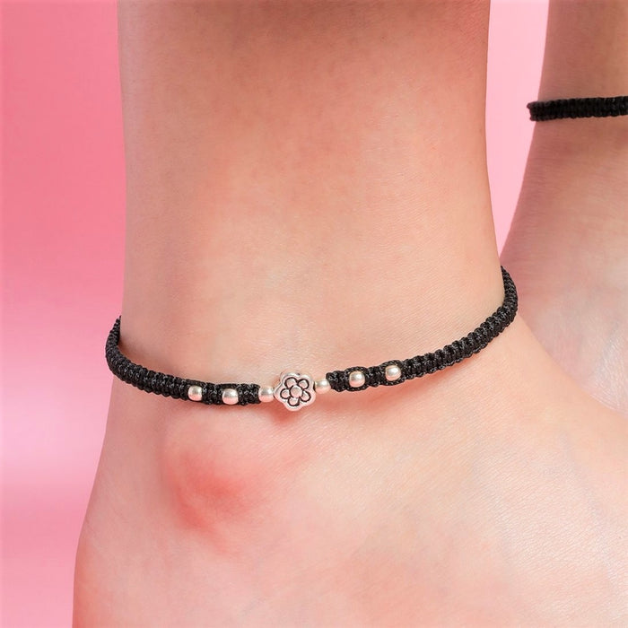 Unifloral Beads Rhodium Plated 925 Silver Black Thread Anklet