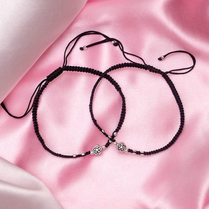 Unifloral Beads Rhodium Plated 925 Silver Black Thread Anklet