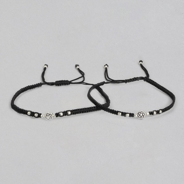 Unifloral Beads Rhodium Plated 925 Silver Black Thread Anklet