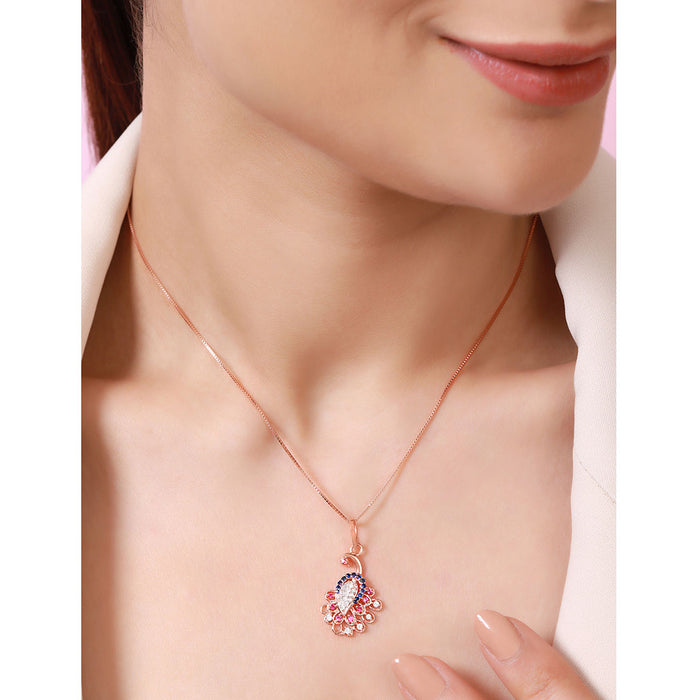Vibrant Peacock CZ Rose Gold-Plated 925 Sterling Silver Pendant