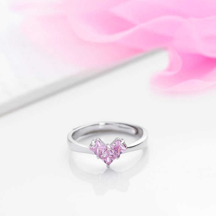 Vibrant Pink Heart Rhodium Plated 925 Silver Women Ring (Adjustable)