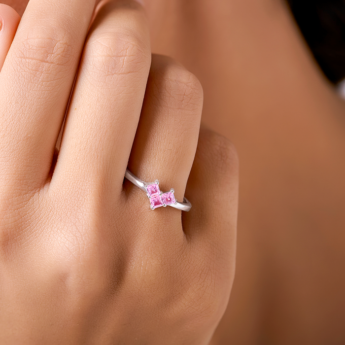 Vibrant Pink Heart Rhodium Plated 925 Silver Women Ring (Adjustable)