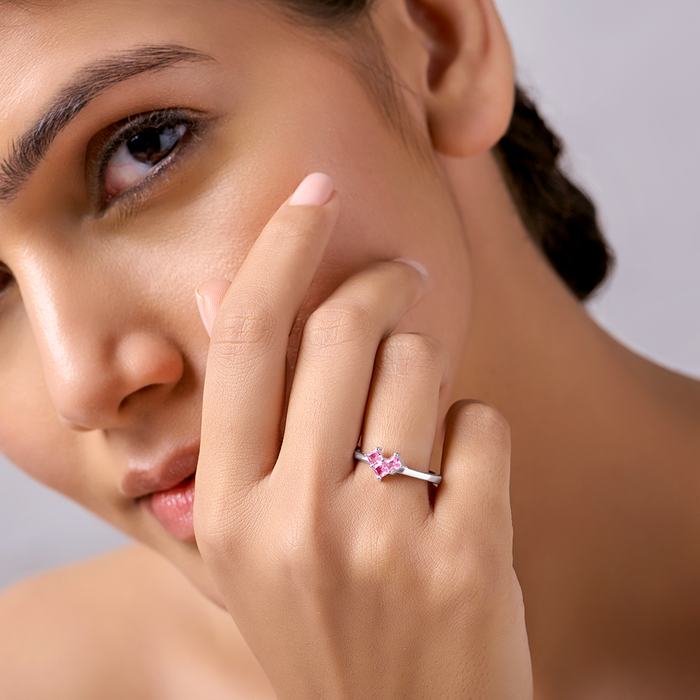 Vibrant Pink Heart Rhodium Plated 925 Silver Women Ring (Adjustable)