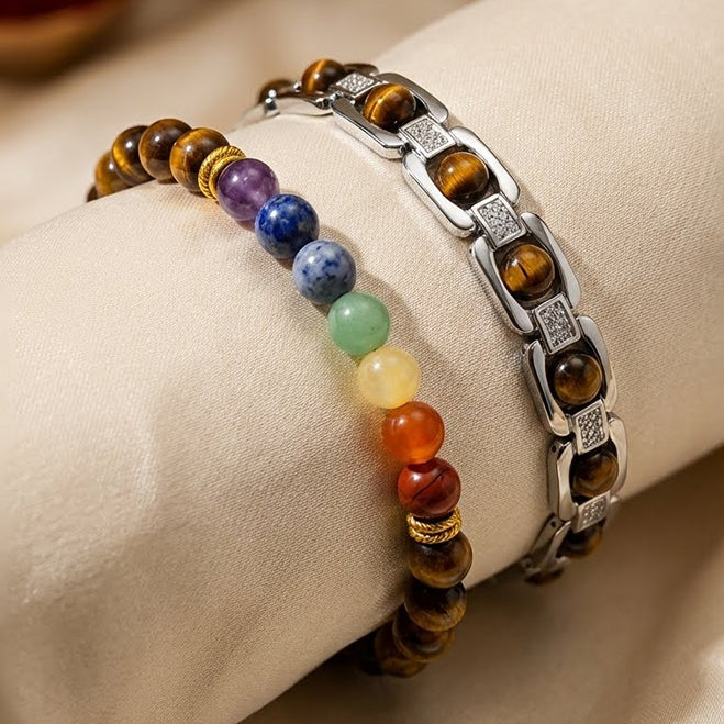 Vigraha Shakti Combo: Tiger Eye Link Chain & 7 Chakra Crystal Bracelet Set