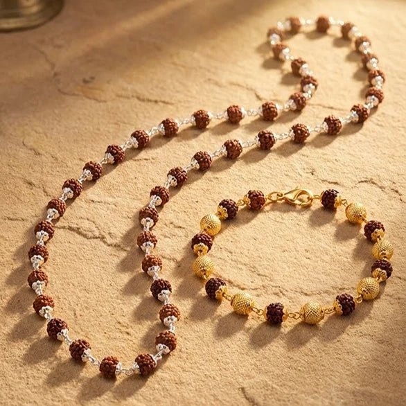 Vijaya Shakti Set: Authentic 54-Bead Rudraksha Necklace with Gold-Linked Unisex Bracelet