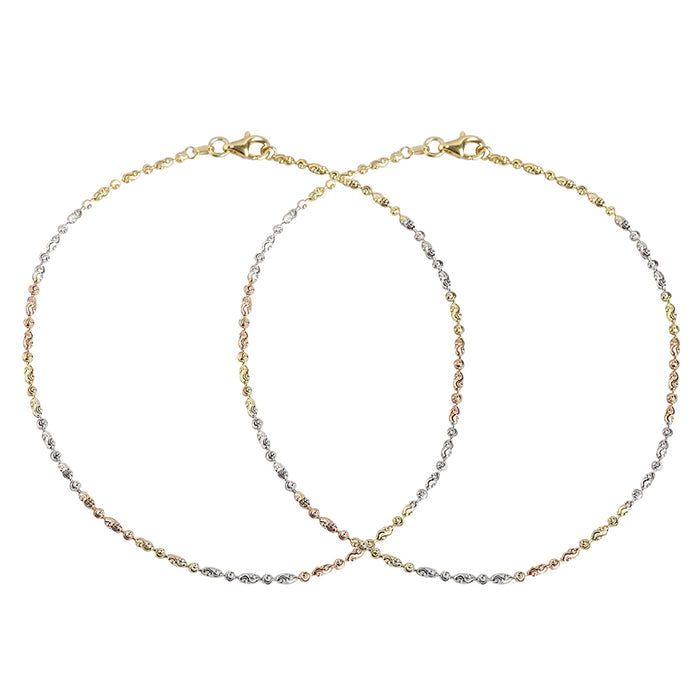 Two overlapping woven triple tone 925 Sterling Silver chain anklets. Delicate fine jewellery for women. – Zavya