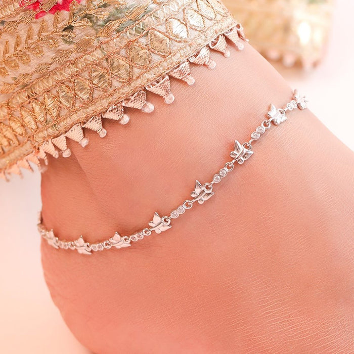 Whimsical Butterfly CZ Rhodium Plated 925 Silver Womens Anklet