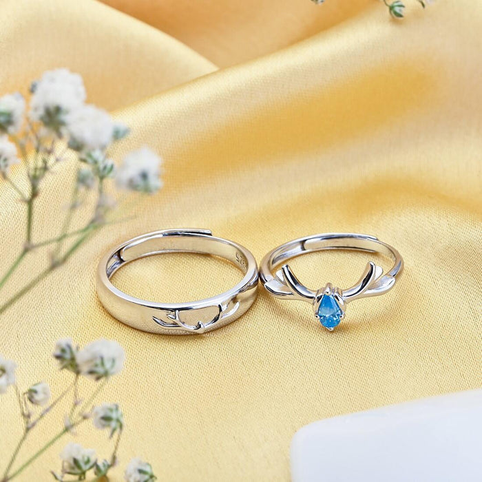 Whimsical Deer Rhodium-Plated 925 Sterling Silver Couple Ring with Cubic Zirconia (Adjustable)