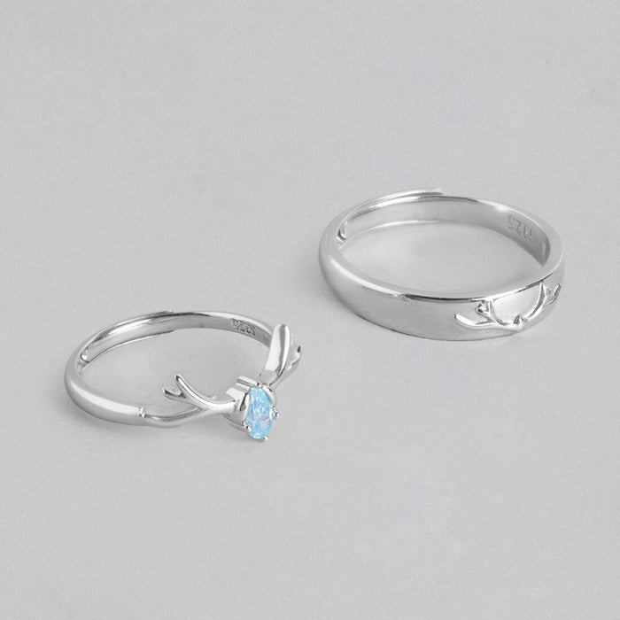 Whimsical Deer Rhodium-Plated 925 Sterling Silver Couple Ring with Cubic Zirconia (Adjustable)