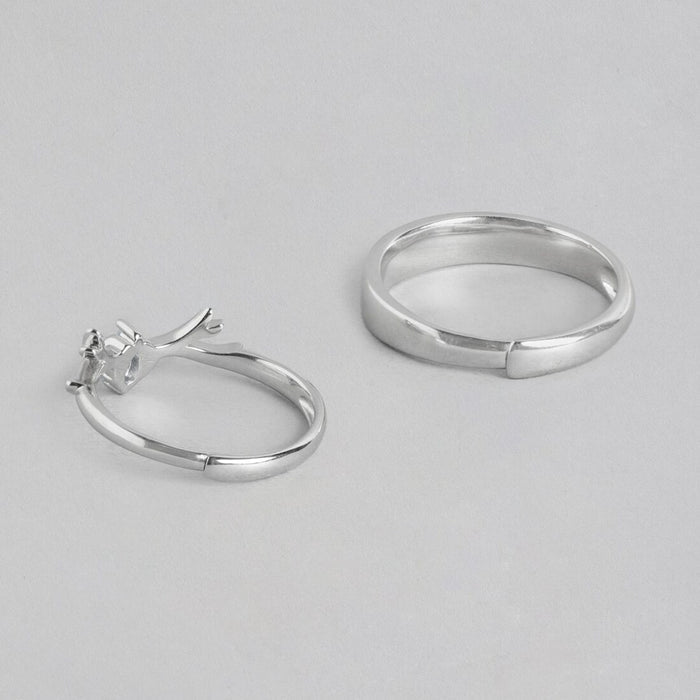 Whimsical Deer Rhodium-Plated 925 Sterling Silver Couple Ring with Cubic Zirconia (Adjustable)