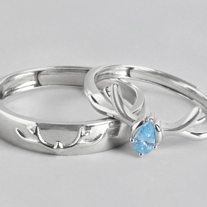 Whimsical Deer Rhodium-Plated 925 Sterling Silver Couple Ring with Cubic Zirconia (Adjustable)