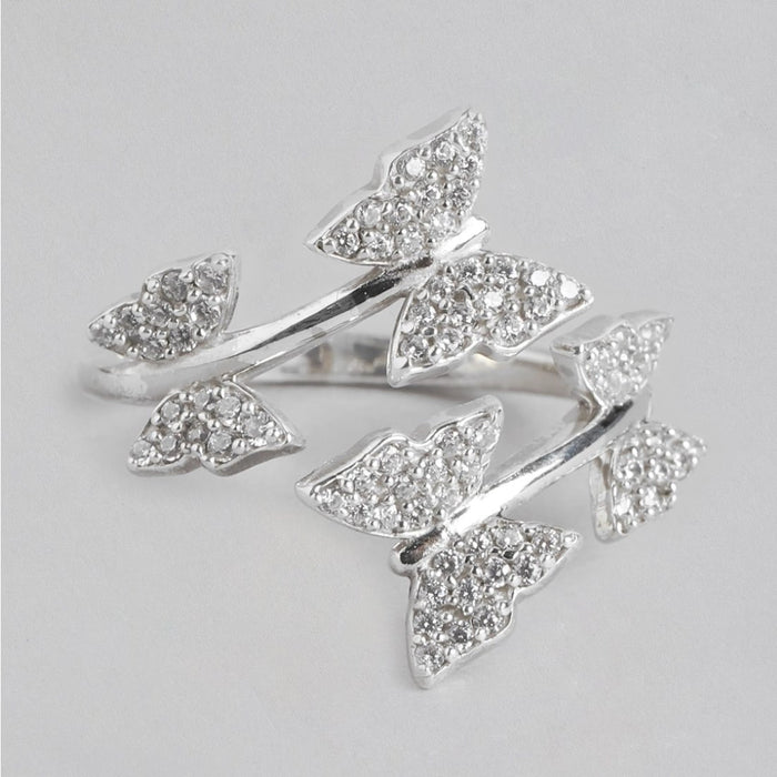 Whimsical Flutter Rhodium-Plated 925 Sterling Silver Butterfly Ring for Her (Adjustable)