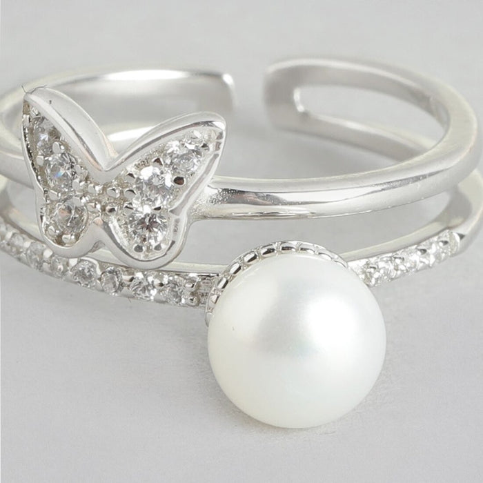 Whimsical Wings of Butterfly Rhodium-Plated 925 Sterling Silver Ring (Adjustable)