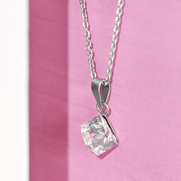 White Solitaire Cube 925 Sterling Silver CZ Necklace