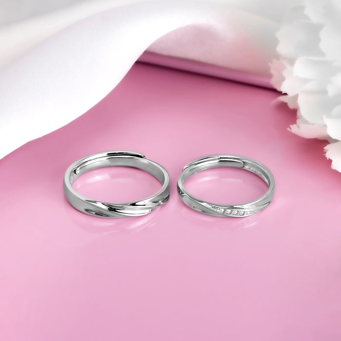 You & Me Rhodium Plated 925 Sterling Silver Couple Ring (Adjustable)