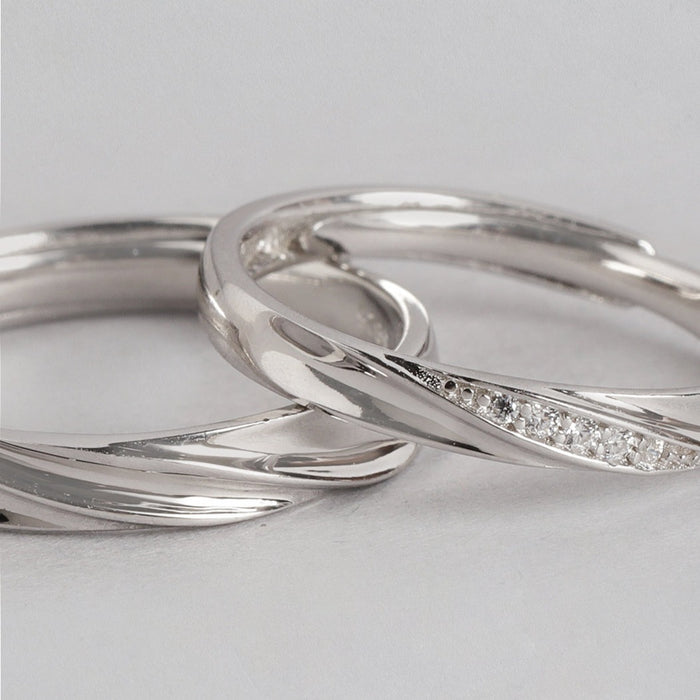 You & Me Rhodium Plated 925 Sterling Silver Couple Ring (Adjustable)