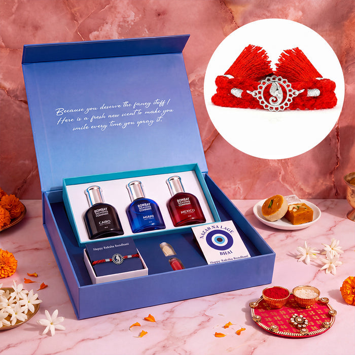 Zavya Auspicious Ganesha Silver Rakhi x Bombay Shaving Perfume Gift Hamper