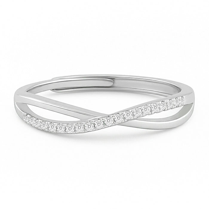 925 Sterling Silver adjustable ring with overlapping plain and sparkling stone-studded bands – Zavya