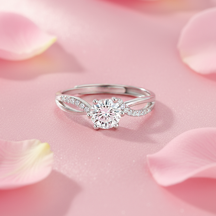 Adjustable 925 Sterling Silver solitaire promise ring for women among pink rose petals – Zavya