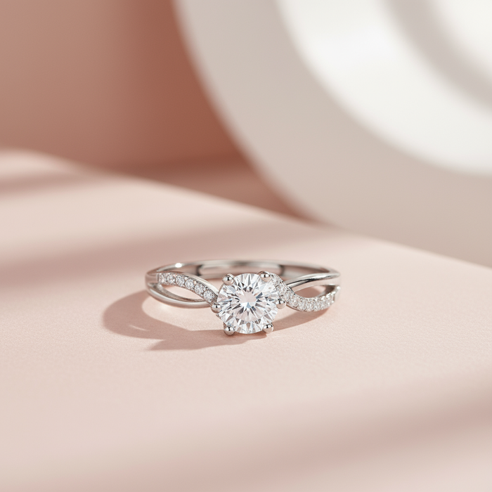 925 Sterling Silver solitaire ring for women featuring a round center stone and twisted pave band – Zavya