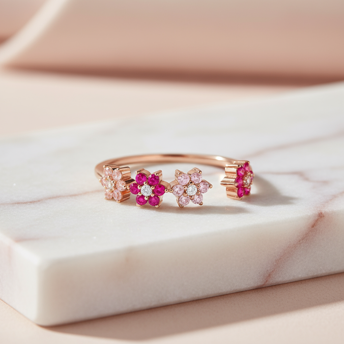 Rose gold plated 925 Sterling Silver adjustable floral ring for women with pink stones on marble. – Zavya
