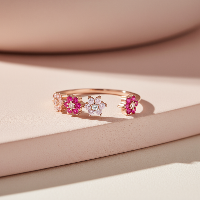 Rose gold plated 925 Sterling Silver adjustable floral ring for women featuring pink gemstone flowers – Zavya